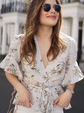 ZARA 100% LINEN PEPLUM WRAP TOP FLORAL COTTAGECORE RUFFLE SLEEVES NEUTRAL MEDIUM